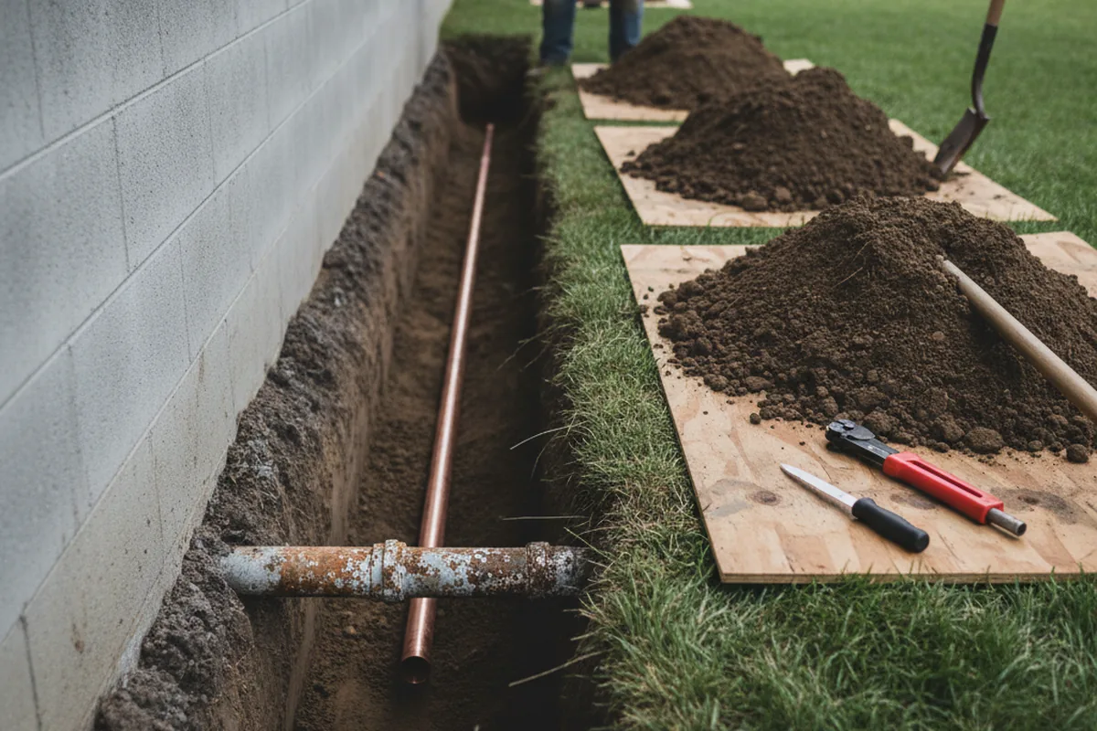 Excavated water line trench during Sewer Line Repair in Raymond